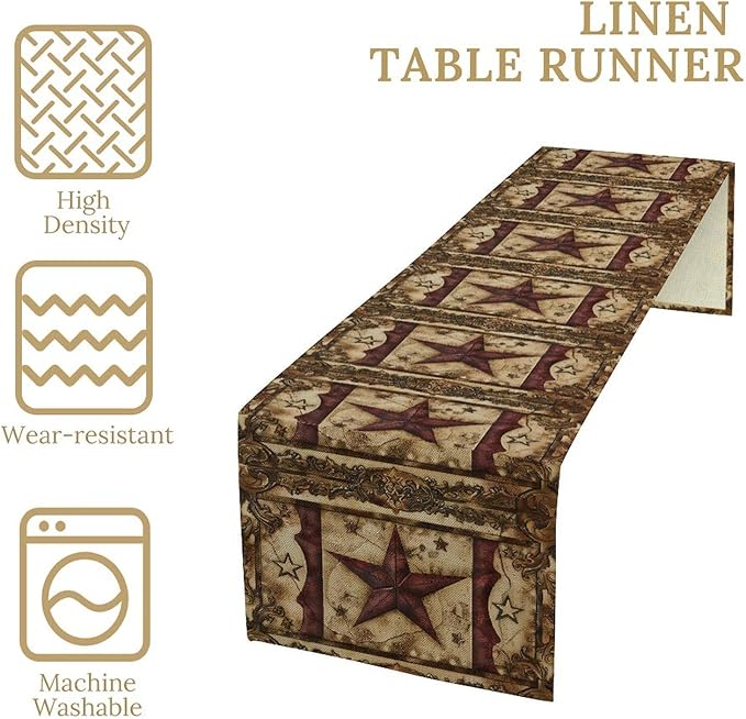 Wild West Table Runner, Rustic Farmhouse Texas Star Vintage Rodeo Cowboy Old Sign Wild West Print Pattern for Home Kitchen Table Decor Dining Coffee Room Garden Party Decor 13x60in