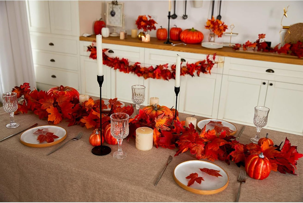 Party Joy 6PCS Artificial Maple Leaf Garland - 5.6Ft Autumn Red Fall Decor for Front Door, Table & Wall, Thanksgiving Garland Hanging Vines with Realistic Leaves
