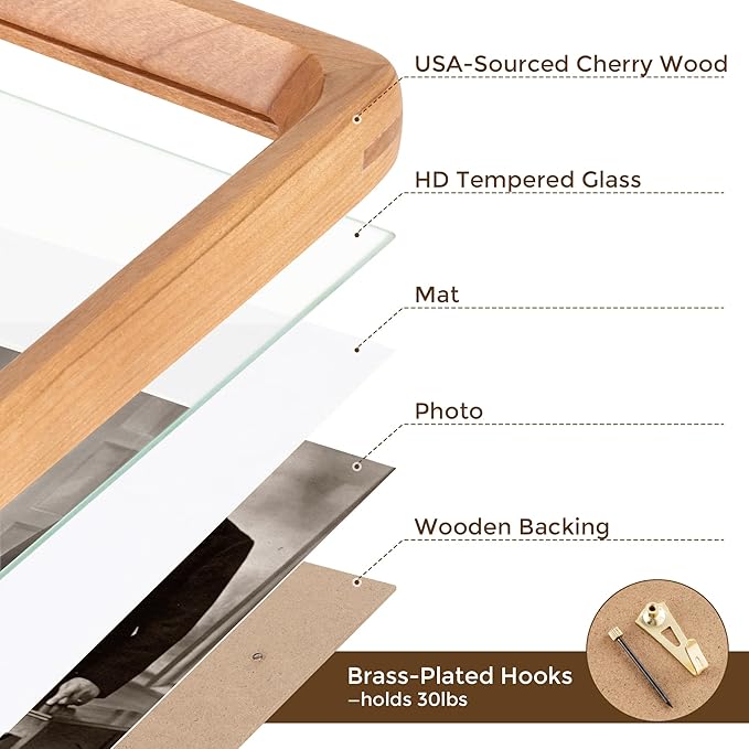 8.5x11 Picture Frame USA-Sourced Natural Cherry Wood Solid Original Wood Photo Frame Rounded Corner with Mat to 6x8 Picture Display with Real Glass Family Picture, Wedding Picture, Photo, Certificate