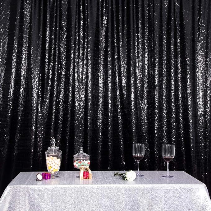 SquarePie Sequin Backdrop Less See Through Thick Stain Background Glitter Curtain Halloween Party 8FT x 8FT Black