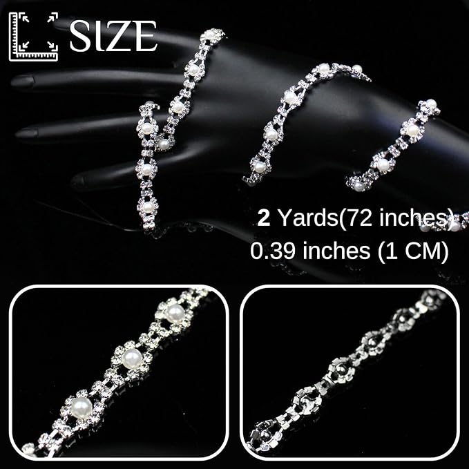 2 Yard Pearl Trim Chain Rhinestone Silver String Crystal Applique Fringe Ribbon Strips Beads Sewing Dress DIY Party Wedding Bouquet for Decoration Bridal Costume Embellishment