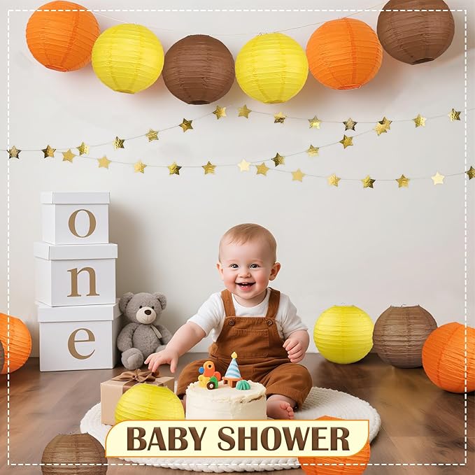 12Pcs Fall Paper Lanterns, Various Sizes (6" 8" 10" 12") Hanging Yellow Orange and Brown Paper Lanterns for Baby Shower Bridal Shower Wedding Birthday Thanksgiving Fall Party Decorations