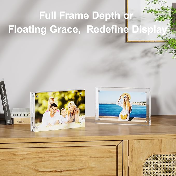 3 Pack 2x6 Acrylic Picture Frames - 20% Thicker Double Sided Magnetic Frame with UV Protection - Freestanding Clear Frameless Display for Tabletops - Modern Photo Frame Set for Home & Office Decor