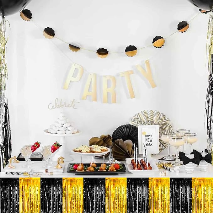 4 Pack 29x108 Inch Metallic Foil Fringe Tinsel Table Skirts for Rectangle Tables Streamer Backdrop for Wedding, Birthday, Parade Floats, Christmas, Halloween Party Decoration(Black Gold)