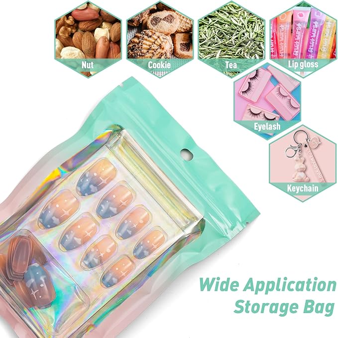 Funfery 100 Pack Gradient Holographic Bags,Mylar Resealable Bags with Zipper,Clear Window Packaging Pouchs,Smell Proof Bag for Food Storage,Sample Jewelry Bag(5.5x7.9In,Green Pink)