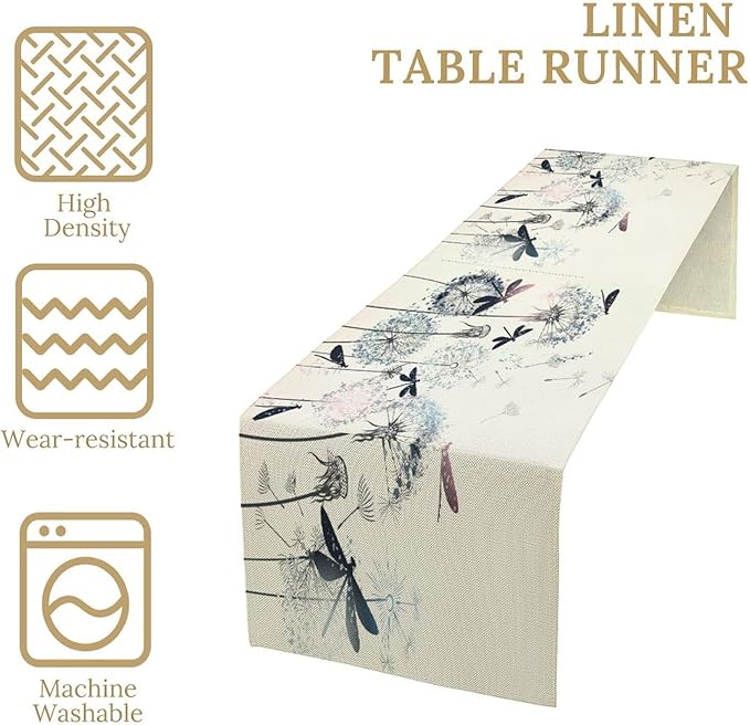 Dandelion Table Runner,Nature Rustic Dragonfly Teal Blue Floral Pattern Print Burlap Tablecloth for Hotel Indoors Outdoor Dining Room Kitchen Table Decor, 13x80in