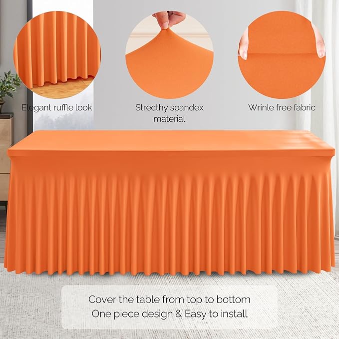 Wish Care 2 Pack Orange Spandex Table Clothes for 4 Foot Rectangle Tables, 4FT Wrinkle Free Fitted Tablecloths Ruffles Design Table Cover for Party, Banquet, Wedding and Events