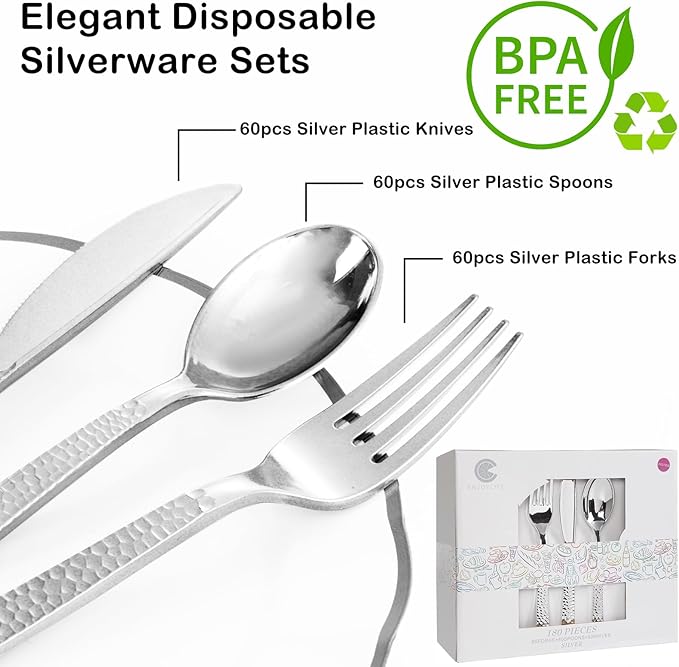 Supernal 180 pieces Silver Plastic Silverware, Disposable Plastic Silverware Heavy Duty, Silver Disposable Cutlery Sets Include 60 Forks, 60 Knives and 60 Spoons Suitable for Birthday, Party, Wedding