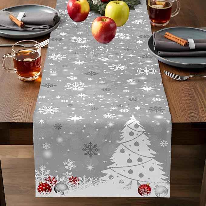Christmas Snowflakes Cotton Linen Table Runner for Dining Kitchen, Xmas Tree Snow Winter Wedding Outdoor Party Tablerunners Decoration, Grey Balls Dresser Scarf Coffee Tablecloth Runners 13x108 Inches