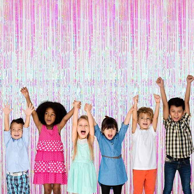 GOER 6.4 ft x 9.8 ft Metallic Tinsel Foil Fringe Curtains,Pack of 2 Party Streamer Backdrop for Unicorn Birthday,Graduation Decorations and New Year Eve (Iridescent)