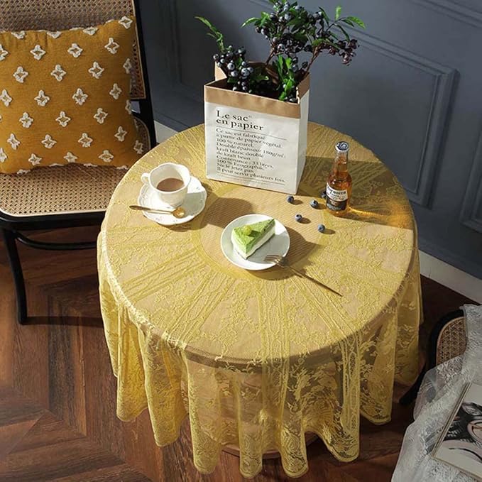 Vintage 60 inch Yellow Lace Tablecloth Floral Embroidered Boho Shabby Chic Small Table Cover for Wedding Halloween Party Dinning Holiday, 1 Piece