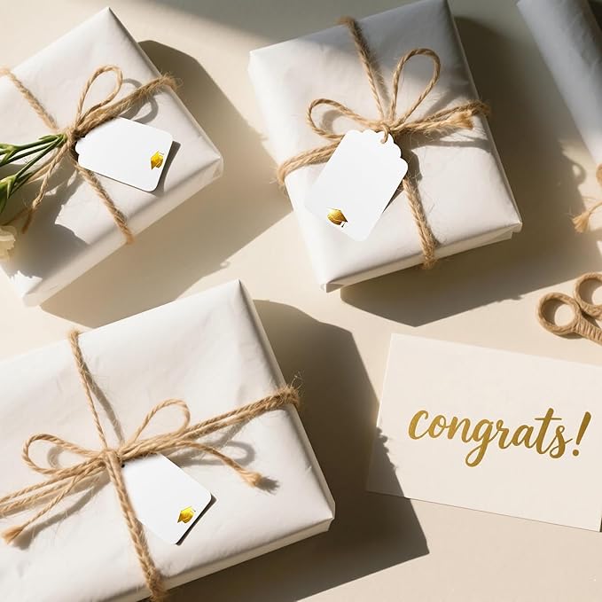 100Pcs Blank Gift Tags with String Foil Gold Grad Cap Large White Paper Gift Tags with 65 Ft Jute Twine for Congrats Grad Congratulations Graduation Party