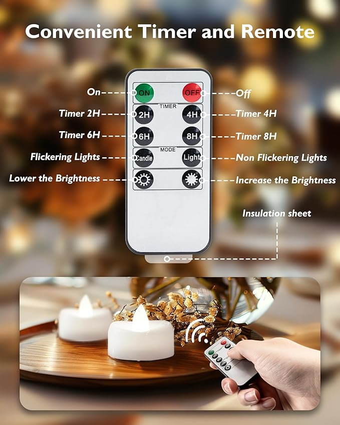 Remote Candles, 12PCS Flameless Tea Lights Candle Battery Operated with Timer, 400+Hours Remote Control LED Tea Lights Votive Candle - 1.5'' D X 1.25'' H- Pure White Light
