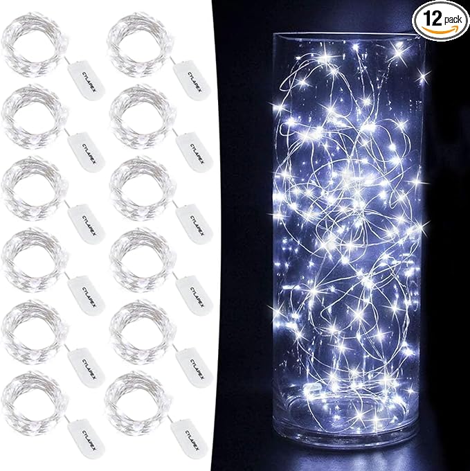 CYLAPEX 12 PCS Fairy Lights Cool White 3.3FT Silvery Copper Wire 20 LED String Lights Battery Powered, Starry String Lights Battery Operated Firefly Lights for Costume DIY Wedding Home Party Christmas