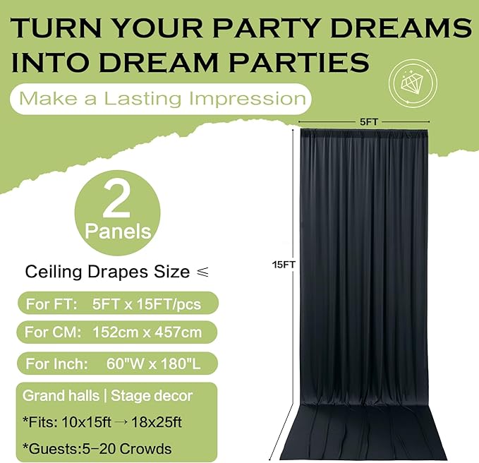 PartyVillage 10ft×15ft Black Backdrop Curtain for Halloween Parties, 2 Panels Wrinkle Free 15 FT Long Polyester Photo Backdrop Drapes Back Drop Cloth for Birthday Photography Background