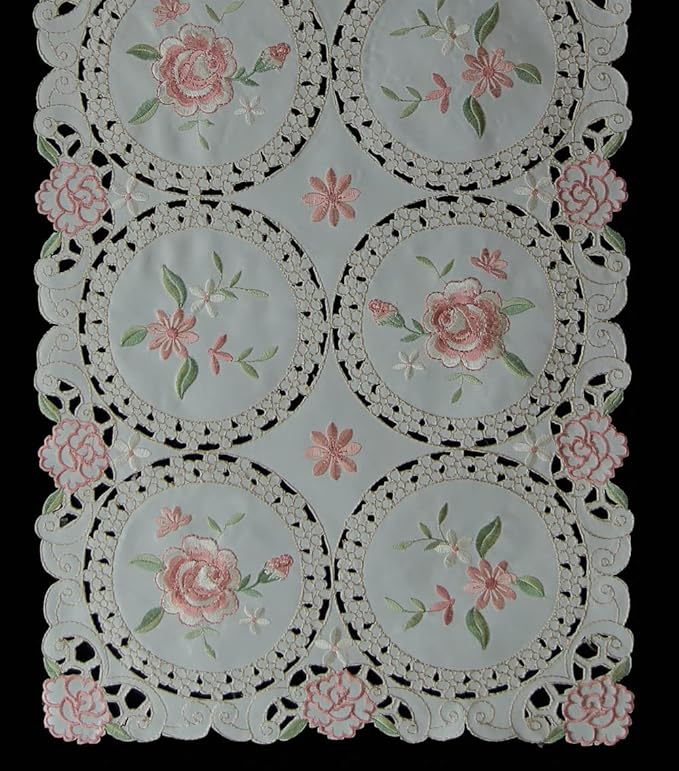 Creative Linens Embroidered Pink Rose Daisy Floral Table Runner Dresser Scarf 15x52 Ivory Spring