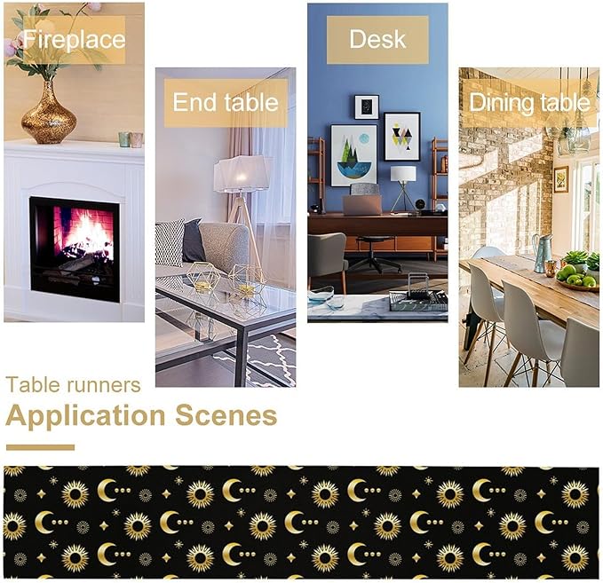 Magic Gold Sun Moon Stars Table Runner Mystical Farmhouse Rustic TableRunner for Party Holiday Dining Room Kitchen 13x90 Inch