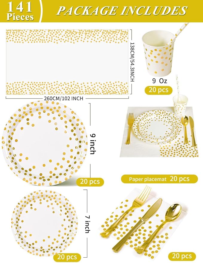 141 Pieces White Gold Party Supplies, Party Dinnerware Sets Include Paper Plates Napkins Cups Silverware, for Wedding Bridal Shower Engagement Birthday Parties Decoration -20 Serves