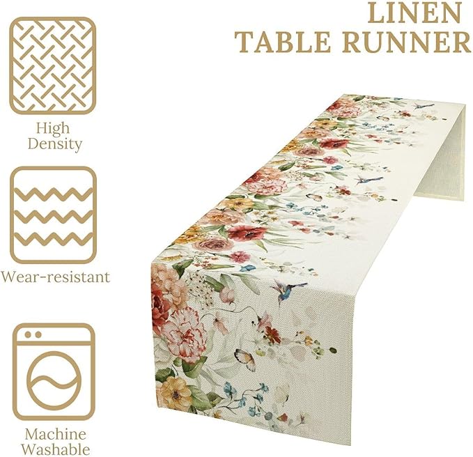 Rustic Floral Table Runner, Watercolor Flower Leaves Hummingbird Butterfly Farmhouse Kitchen Dinning Table Runner for Indoor Outdoor Home Wedding Party Holiday, 13x108 Inch