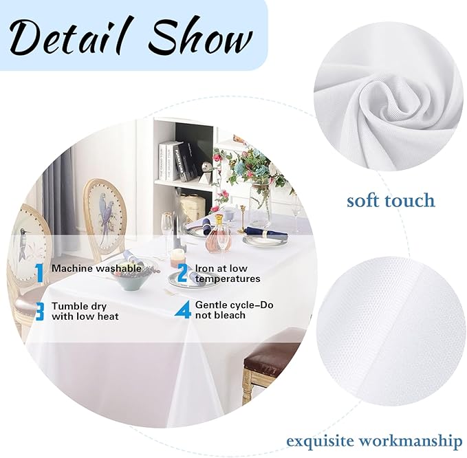 1 Pack White Table Cloth Rectangle Table 60 x 102 Inch Tablecloths for 6 Foot Rectangle Tables. Stain and Winkle Resistant Polyester Washable TableCloths for Parties Wedding Dining