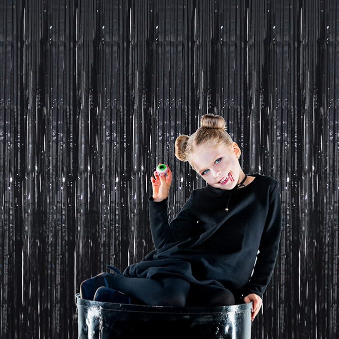 GOER 3.2 ft x 9.8 ft Black Photo Backdrop Party Streamers for Halloween,Birthday Party,1 Pack Black Metallic Tinsel Foil Fringe Curtains Party Decorations Wedding Decor
