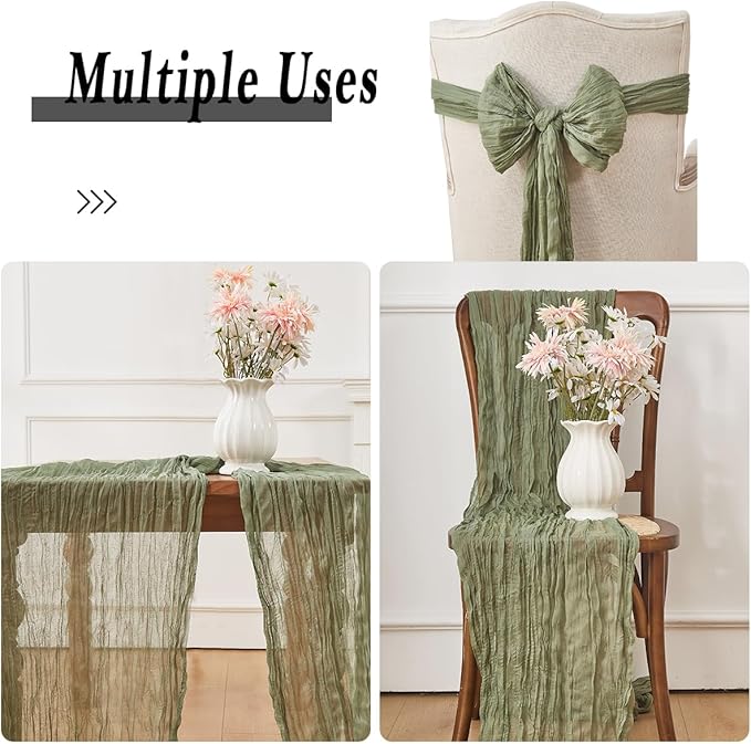 Sage Green 2 Pack Cheesecloth Table Runner 120 Inch 10 FT Boho Rustic Gauze for Wedding Baby Shower Party Farmhouse Summer Home Decor Washable