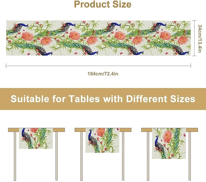 Peacock Table Runner,Seasonal Flower Plants Peacock Birds Table Runner for Home Kitchen Dining Party Indoor Outdoor Decoration 13x60 Inch
