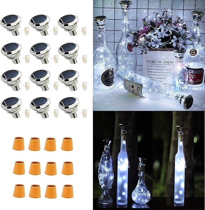 Upgraded 12 Pack Diamond Solar Wine Bottle Lights, 20 LEDs Waterproof Copper Light, Bottle Light Fairy Cork String Lights for Yard Patio Decor, DIY Birthday Gift for Mom Grandma Friend(Cool White)
