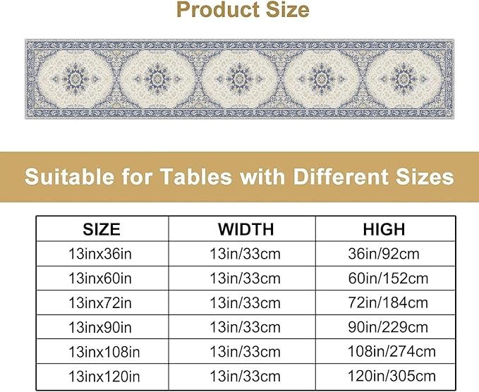 Boho Bohemia Style Table Runner, Vintage Blue Gold Retro Flower Rustic Country Style Floral Print Pattern for Home Kitchen Table Decor Dining Coffee Room Garden Party Decor 13x90in