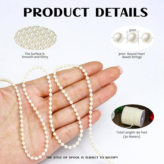 99 Feet 3mm Faux Ivory Pearl Strings Garland for Crafts, Artificial Small Pearl Beaded Trim Chain Strands for Wedding Centerpieces Party Decoration Christmas Tree Garland, Ivory
