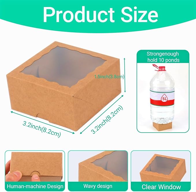 RomanticBaking 3 ¼" x 3 ¼" x 1 ½" 100PCS Cookies Boxes Soap Box Chocolate Truffle Boxes for 4, Mini Bakery Boxes with Window for Brownie,Macaron,Donut