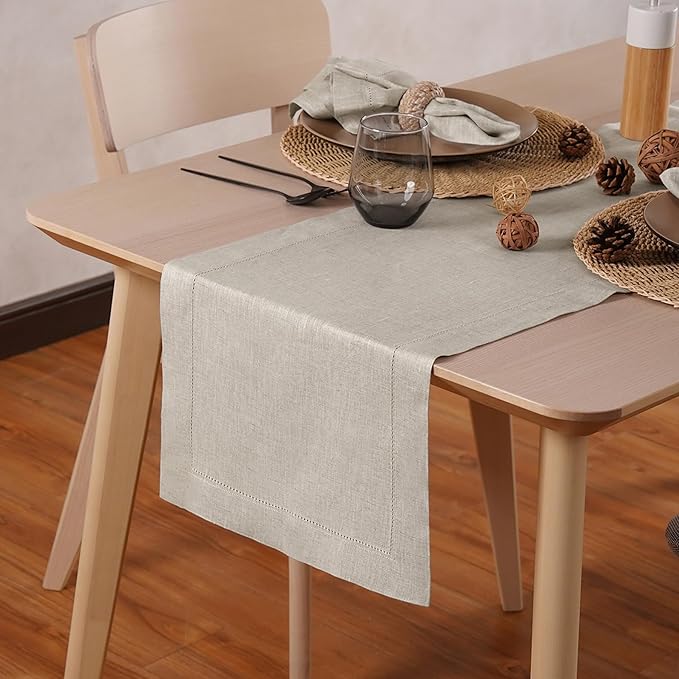 Linen Light Natural Table Runner 90 Inches - 100% Pure Linen Cloth Fabric Hemstitch Table Runner 14 x 90 Inch for Dining, Dresser, Thanksgiving, Fall Christmas - Lino