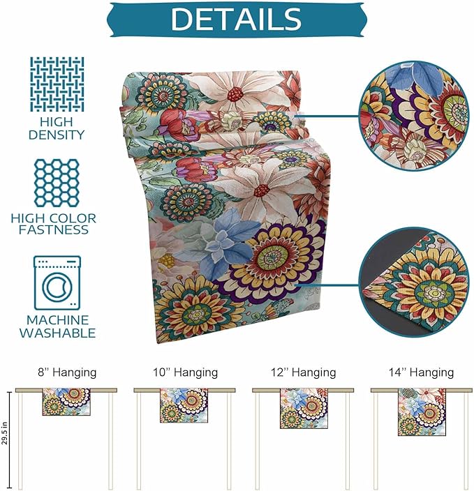 Boho Flowers Cotton Linen Table Runner for Dining Kitchen, Wedding Outdoor Party Tablerunners Decoration, Colorful Floral Farm Vintage Botanical Dresser Scarf Coffee Tablecloth Runners 13x120 Inches