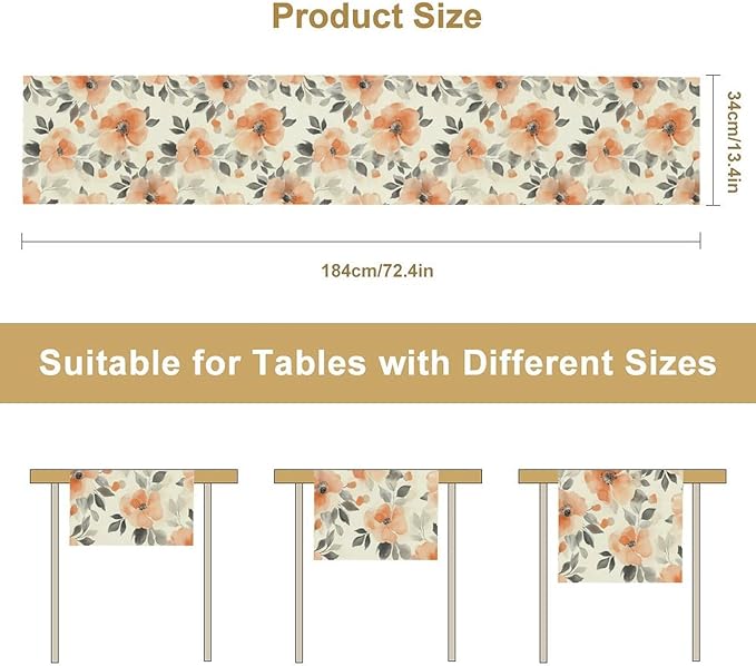 Floral Fall Table Runner, Rustic Watercolor Orange Flowers Seasonal Summer Autumn Table Runner for Kitchen Dinning Table Runner Decor Home Wedding Party Holiday, 13x60 Inch