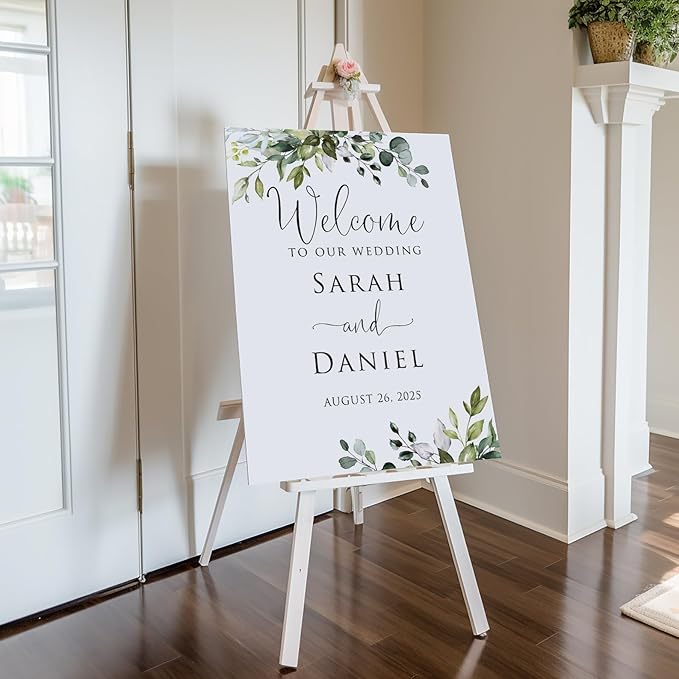 Personalized Wedding Welcome Sign, Greenery Eucalyptus Botanical Wedding Sign Signage 12" X 18" (Small), 27" (Medium), 36" (Large), Plastic, Modern, Pole Mount, Weather