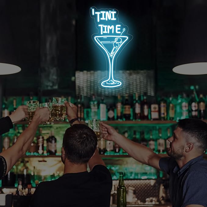 Tini Time LED Neon Sign, Martini Neon Sign for Bars, Elegant Cocktail Glass Neon, Martini Cocktail Bar Wall Decor, Bar Wall Art, Pub neon, 16.5"x8.7", Ice Blue