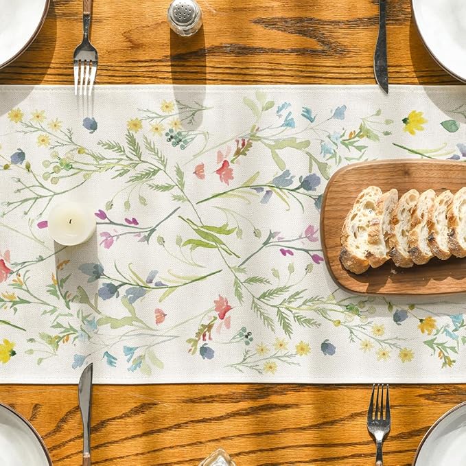 Artoid Mode Wildflowers Bloom Flowers Spring Table Runner, Seasonal Summer Floral Kitchen Dining Table Decoration for Home Party Decor 13x90 Inch