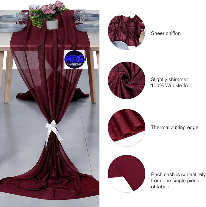MDS 20 Pack 10ft Chiffon Table Runner 29 x 120 Inches Sheer Wedding Runner Romantic Rustic Table Runner for Wedding Decorations, Birthday Parties, Bridal Shower Party Arch Decor - Burgundy