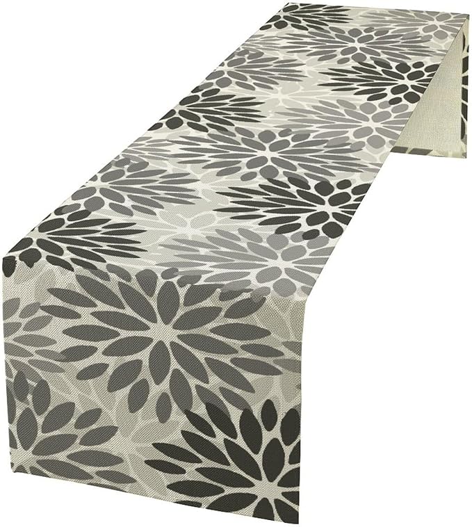 Gray Dahlia Flower Table Runner, Vintage Modern Linen Geometric Pattern Floral Table Runner Spring for Farmhouse Kitchen Dining Party Holiday Party, 13x90 Inch