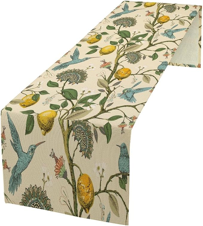 Table Runner with Flowers and Birds, Spring Plant Flowers Table Decoration Linen Table Runner Family Party Party Decorations 13x70 Inches