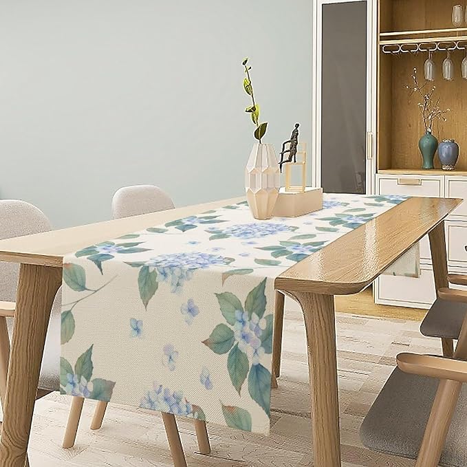 Spring Hydrangea Flower Table Runner, Seasonal Summer Plants Watercolor Blue Florals Dinner Runner for Home Kitchen Dining Table Party Holiday Decoration 13"x90"