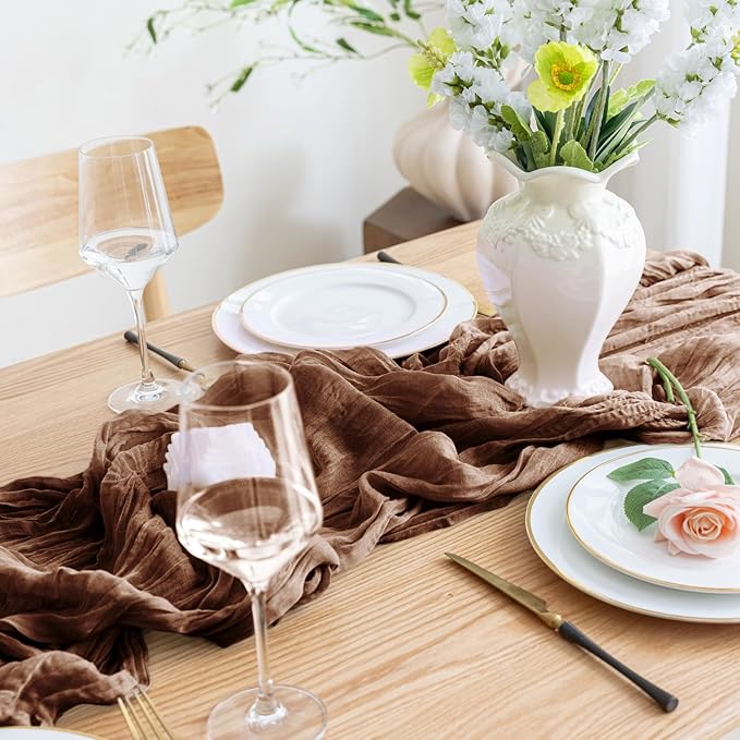 Asee'm 3pcs Cheesecloth Table Runner 120 Inches Long Brown Boho Gauze Cheese Cloth Runner 10FT Rustic Sheer Fall Table Runners for Thanksgiving Christmas Wedding Party Baby Shower Decoration