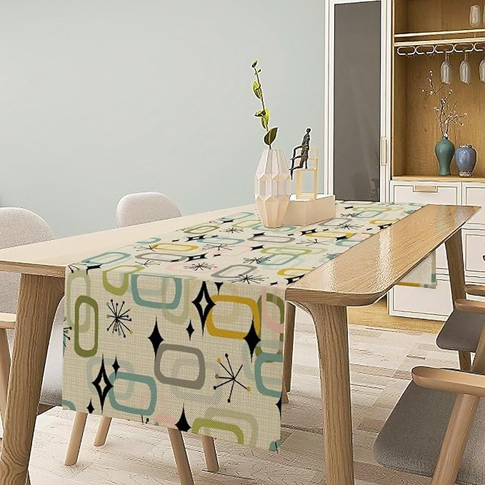 Mid Century Table Runner, Flag Retro Atomic Starburst 1950s Abstract Geometric Space Tabletop Decoration for Home Kitchen Restaurant Table Flag 13x60 Inch