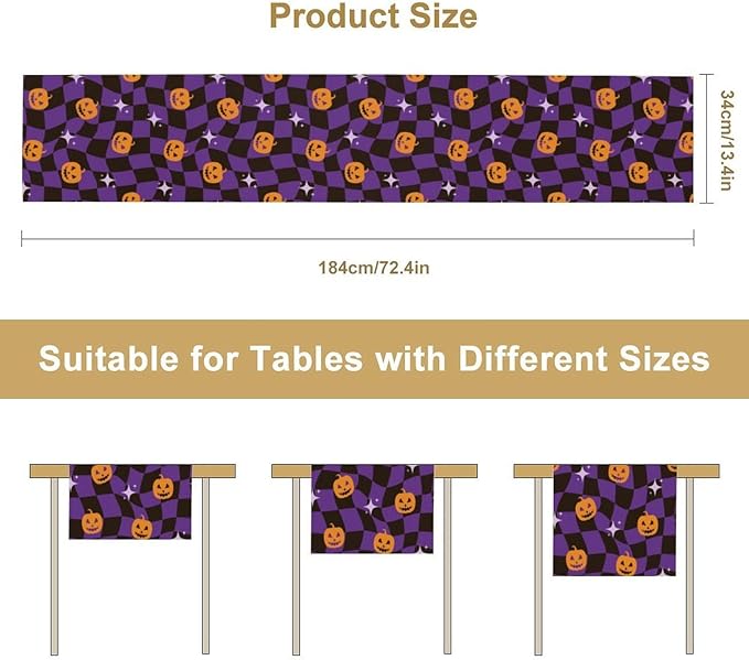 Halloween Table Runner,Purple Checkered Pumpkin Table Runner for Kitchen Dining Table Decoration Home Party Decor 13x60 Inch
