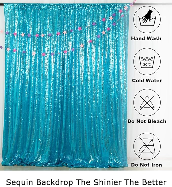 ShiDianYi Sequin Backdrop Turquoise 2 Panels 4FTx10FT Backdrops for Photograph Aqua Blue Sequin Photo Backdrop for Birthday Sparkle Wedding Drapery Glitter Background