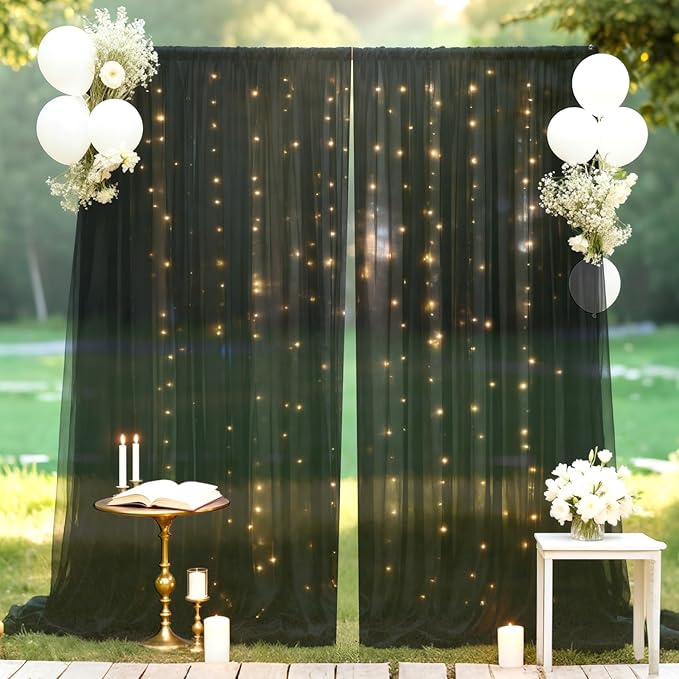 10×10ft Tulle Backdrop Curtains with Lights String - 300LED Fairy Lights Sheer Curtain Backdrop for Weddings Baby Shower and Birthday Party Decorations(8 Panels 5×10ft)
