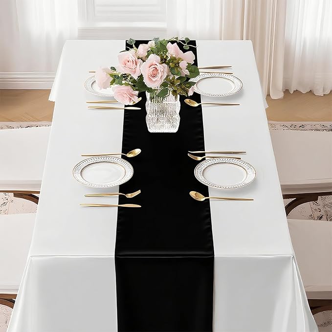 SHEJIZE 2 Pack Black Satin Table Runner 12x108 Inches Long, Bright Silky Smooth Satin Table Runner Table Decor for Wedding Banquet Christmas Prom Event Birthday Party