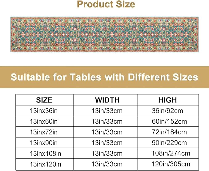 Vintage Boho Floral Table Runner, Rustic Country Farmhouse Teal Red Purple Flower Pattern for Home Kitchen Table Decor Dining Coffee Room Party Decor 13x108in