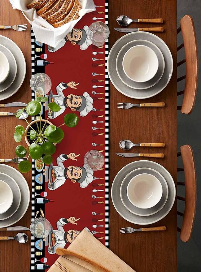 Red Chef Gourmet Cotton Linen Table Runner for Dining Kitchen, Wedding Outdoor Party Tablerunners Decoration, Black White Check Plaid Funny Kitchen Dresser Scarf Coffee Tablecloth Runners 13x36 Inches