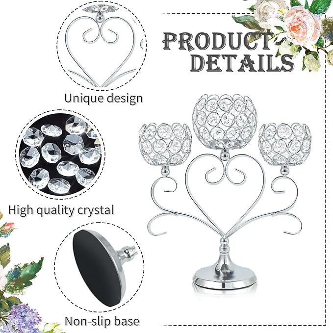 6 Pcs Silver 3-Arm Heart Tea Light Candle Holder - Crystal & Metal Wedding Centerpiece Decor, Sparkling Table Decor for Anniversaries/Romantic Tabletop Home/Dinner Party/Events